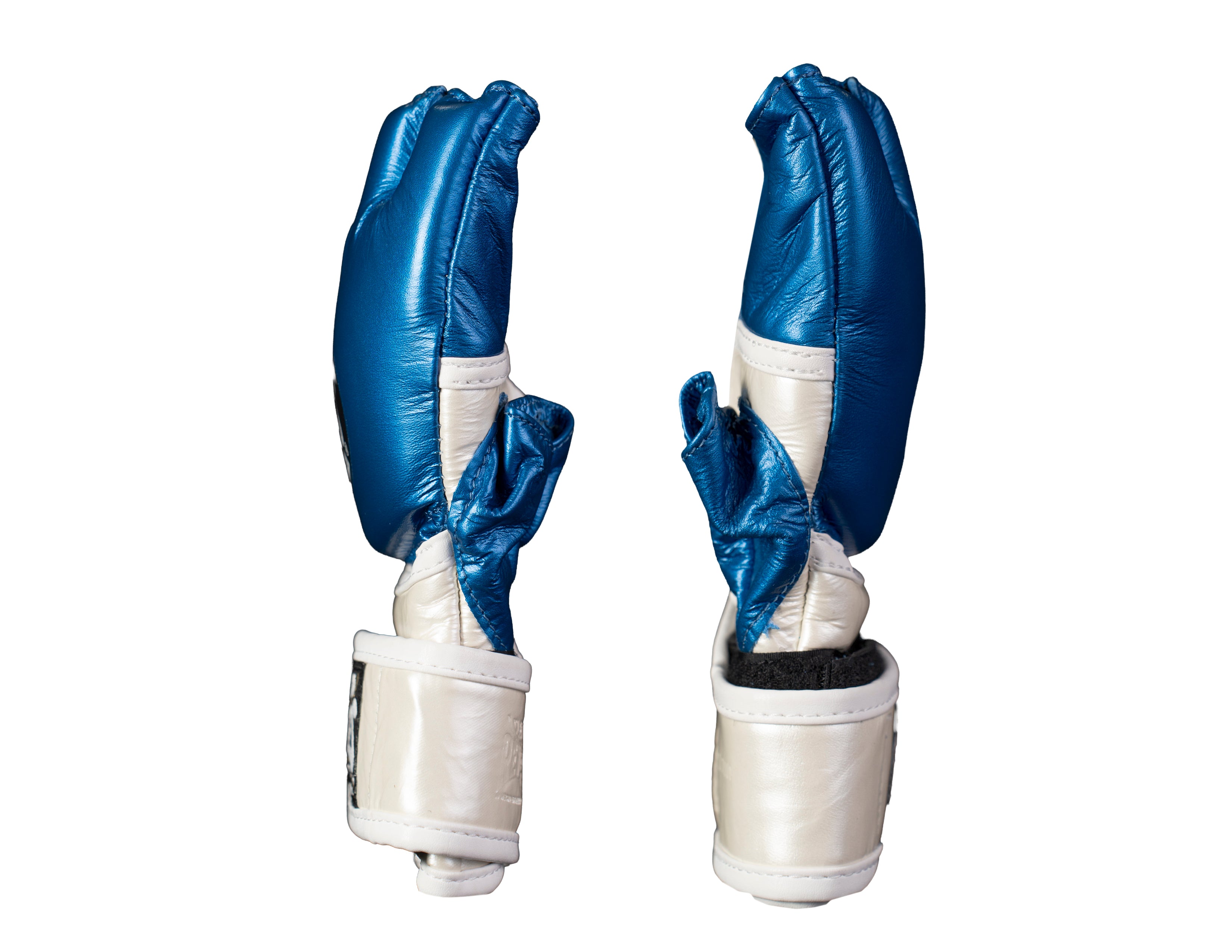 GUANTES PARA PELEA MMA EN PIEL DE RES AZUL METALICO/ PERLA