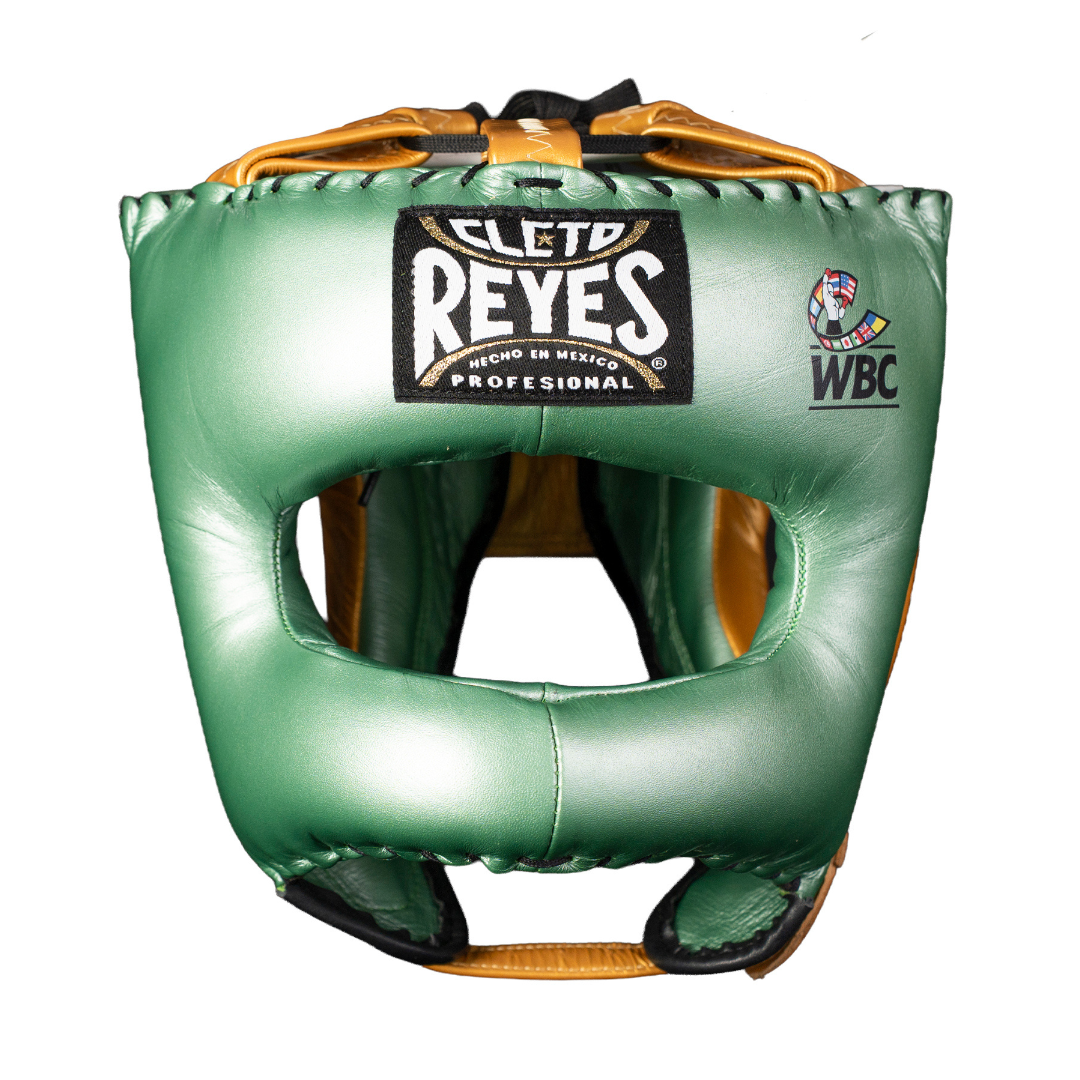 PROTECTOR DE CABEZA TRADICIONAL EN PIEL DE RES VERDE METALICO/DORADO, WBC