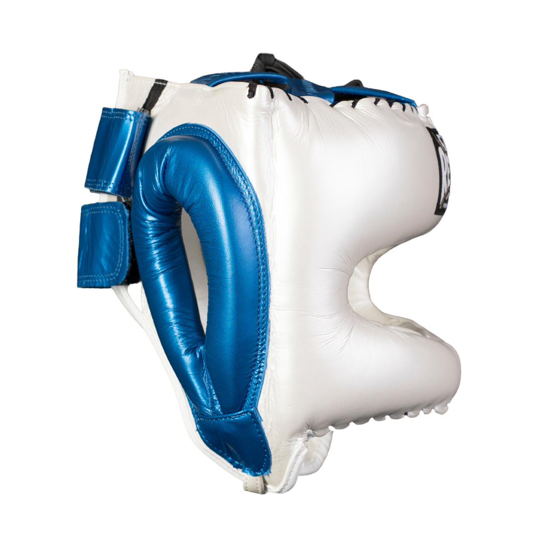 PROTECTOR DE CABEZA TRADICIONAL EN PIEL DE RES PERLA/AZUL METALICO