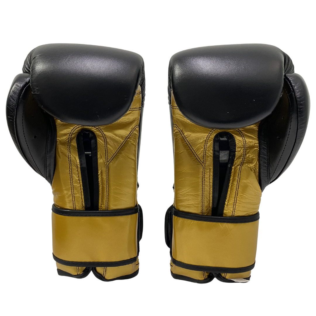 GUANTE DE ENTRENAMIENTO EN PIEL DE RES 14 OZ C/CIERRE DE CONTACTO NEGRO/DORADO