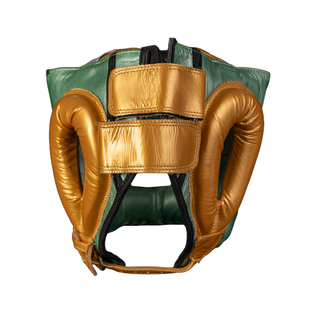 PROTECTOR DE CABEZA TRADICIONAL EN PIEL DE RES VERDE METALICO/DORADO, WBC