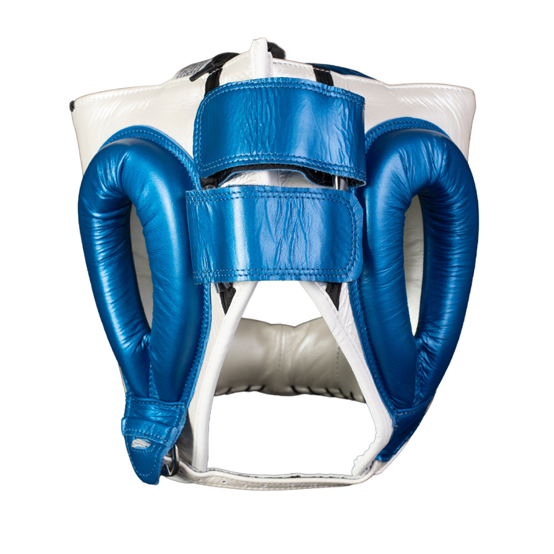 PROTECTOR DE CABEZA TRADICIONAL EN PIEL DE RES PERLA/AZUL METALICO