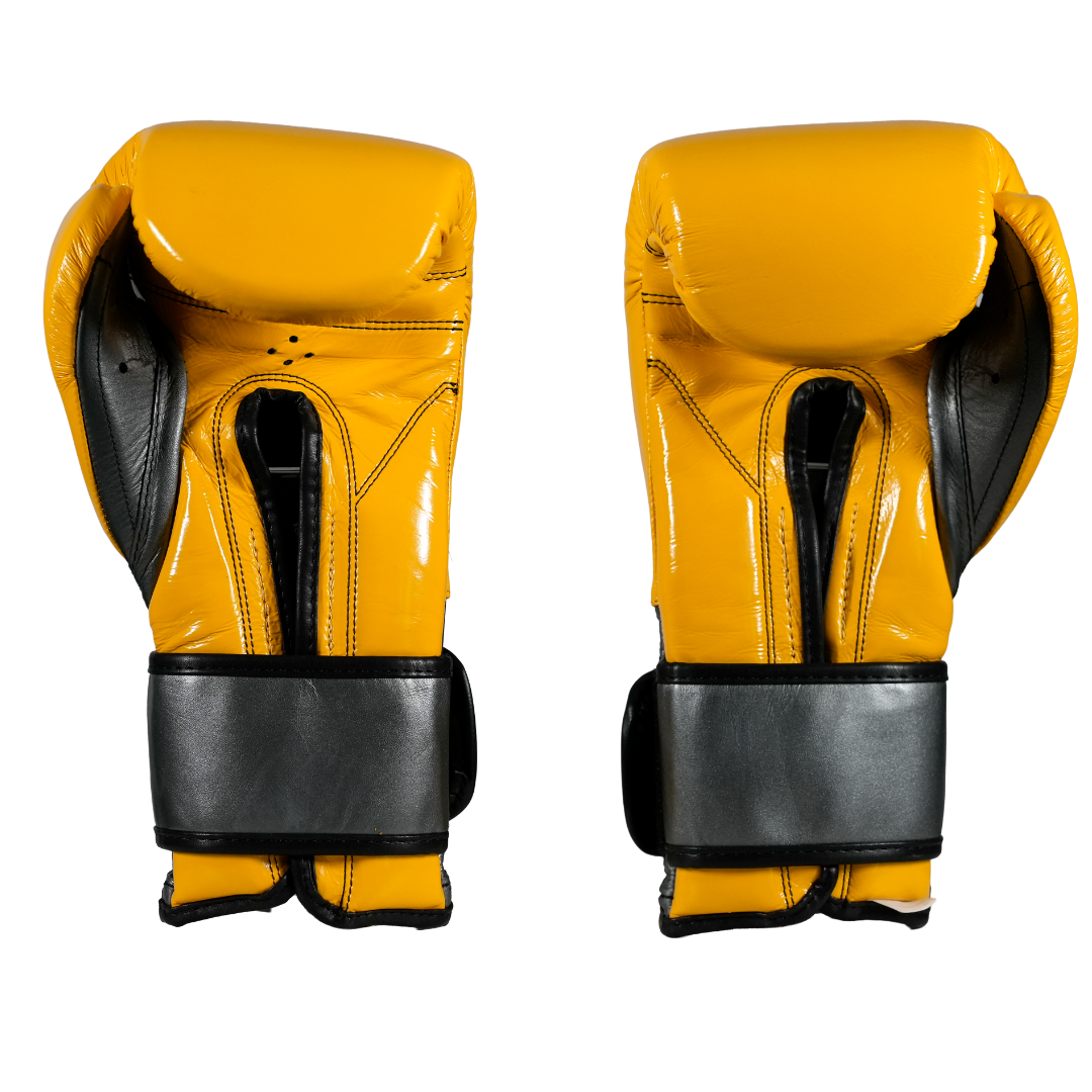 GUANTE DE ENTRENAMIENTO EN PIEL DE RES 14 OZ C/CIERRE DE CONTACTO AMARILLO/GRIS OXFORD