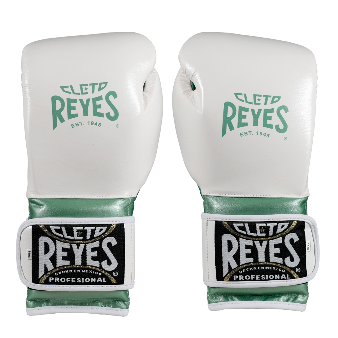 GUANTE DE ENTRENAMIENTO EN PIEL DE RES C/CIERRE DE CONTACTO BLANCO/VERDE METALICO