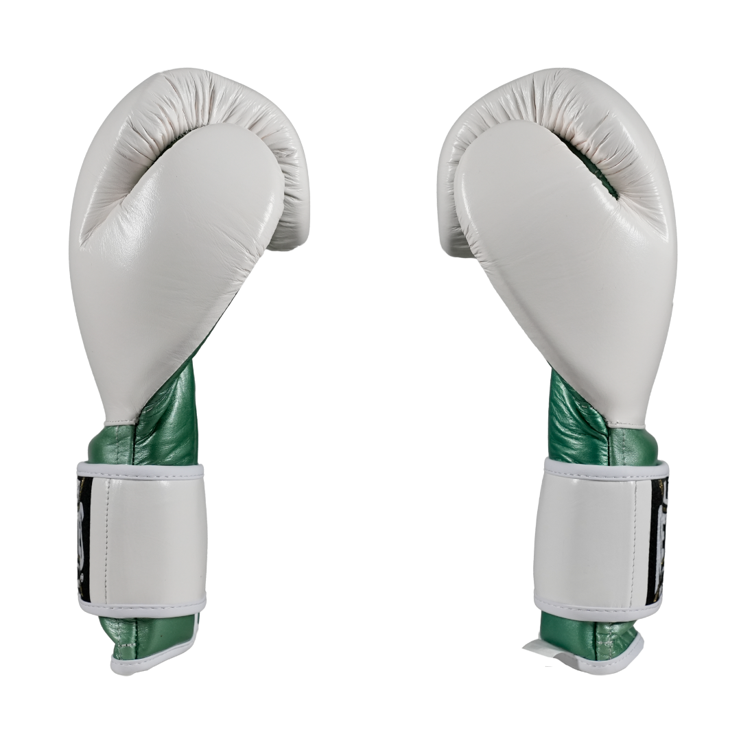 GUANTE DE ENTRENAMIENTO EN PIEL DE RES C/CIERRE DE CONTACTO BLANCO/VERDE METALICO