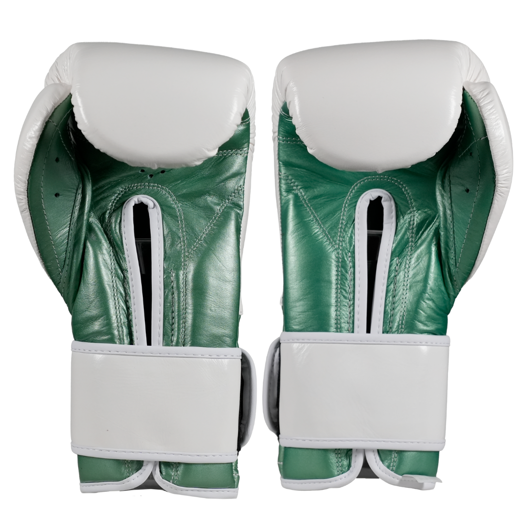 GUANTE DE ENTRENAMIENTO EN PIEL DE RES C/CIERRE DE CONTACTO BLANCO/VERDE METALICO