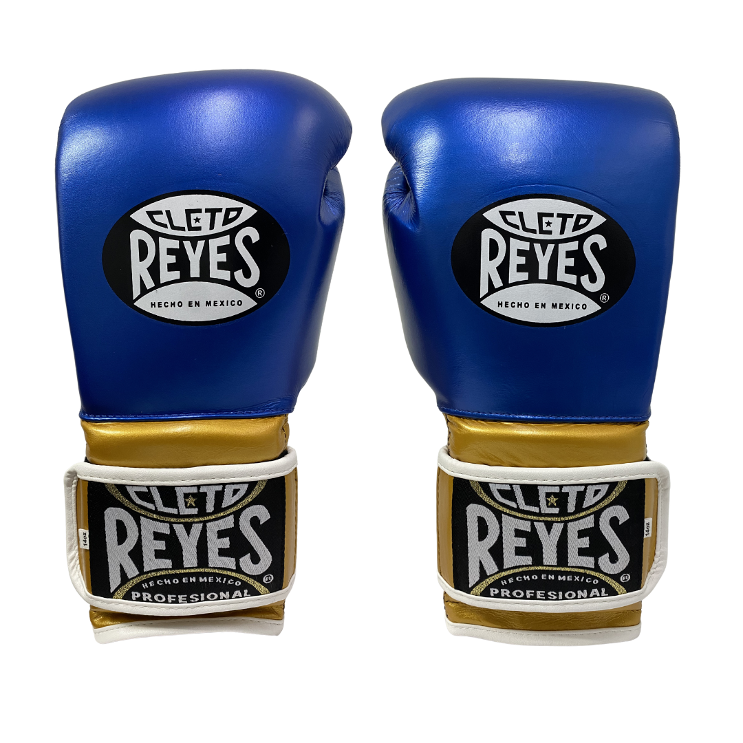 GUANTE DE ENTRENAMIENTO EN PIEL DE RES 14 OZ C/CIERRE DE CONTACTO AZUL METÁLICO/DORADO/BLANCO