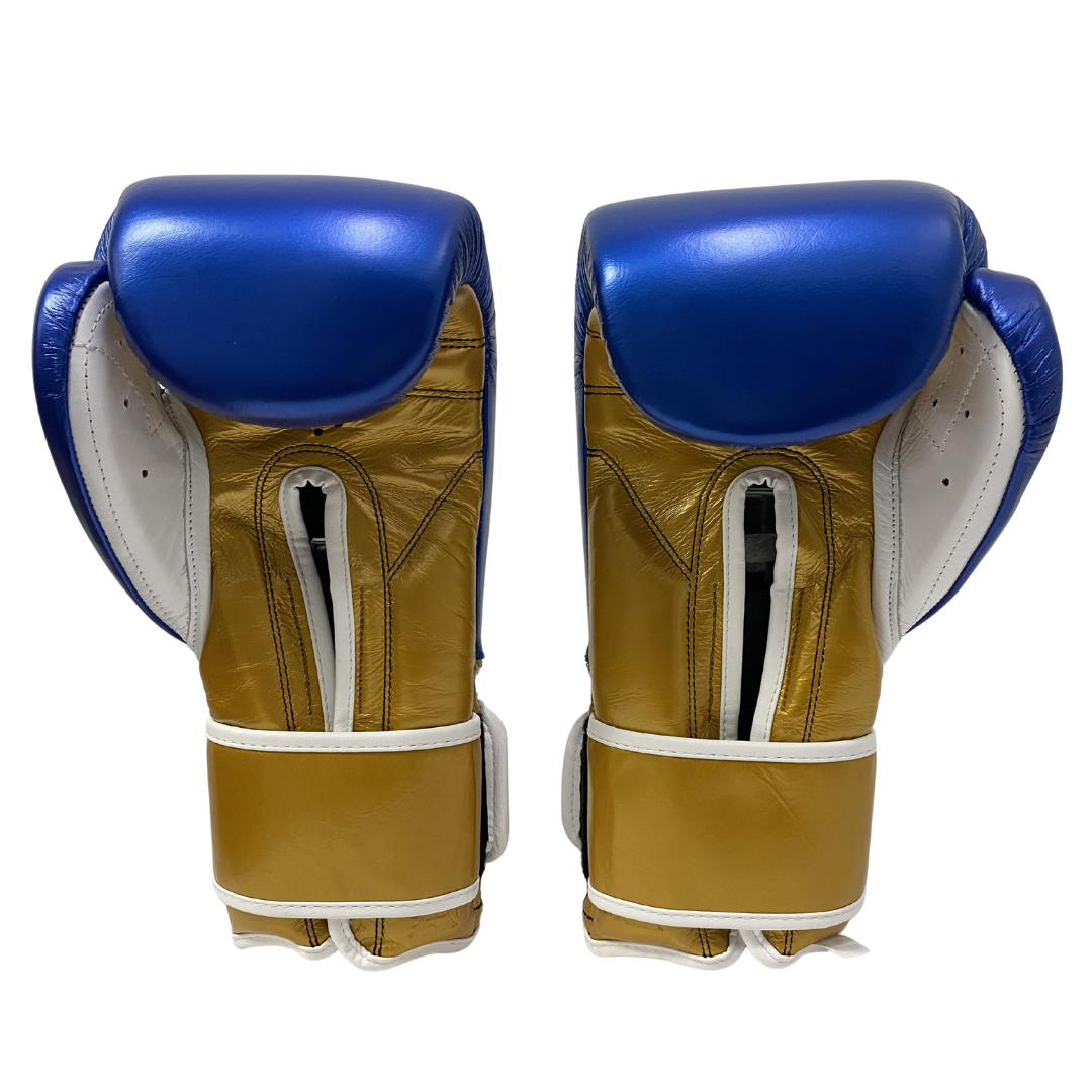 GUANTE DE ENTRENAMIENTO EN PIEL DE RES 14 OZ C/CIERRE DE CONTACTO AZUL METÁLICO/DORADO/BLANCO